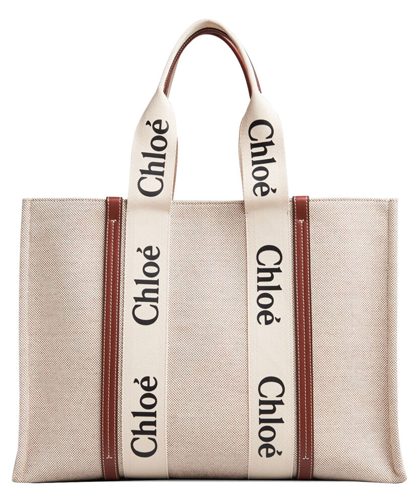 Chloe Large Woody Tote Bag Canvas with Leather Cream/Coffee